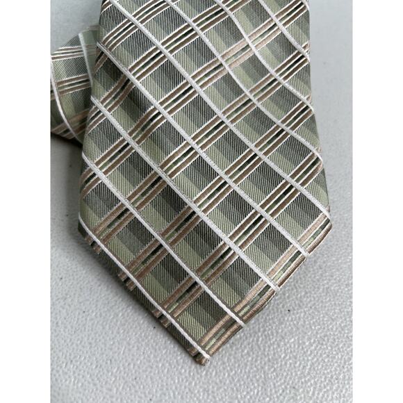 Platinum Designs Green, Tan, White Geometric Pattern Handmade Long Tie NWOT - Picture 2 of 6